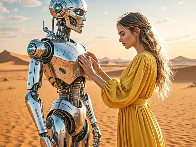 Woman in yellow dress interacting with humanoid robot in sandy desert