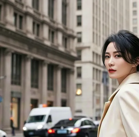 Woman turning to camera while crossing street