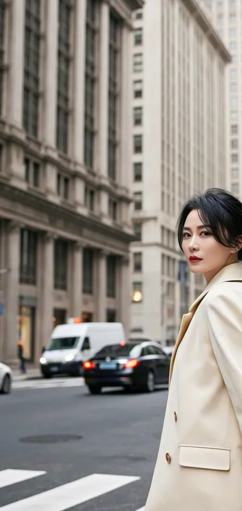 Woman turning to camera while crossing street