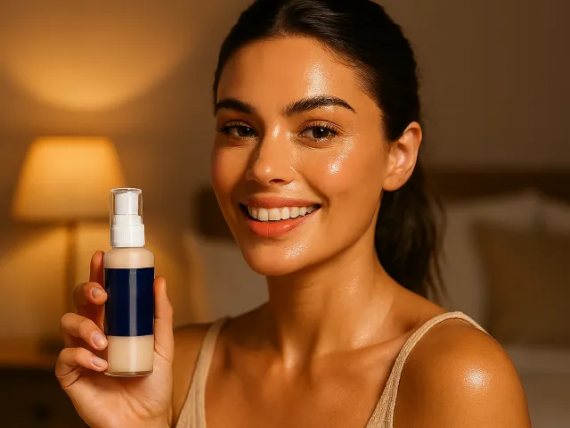 Skincare woman holding night cream bottle
