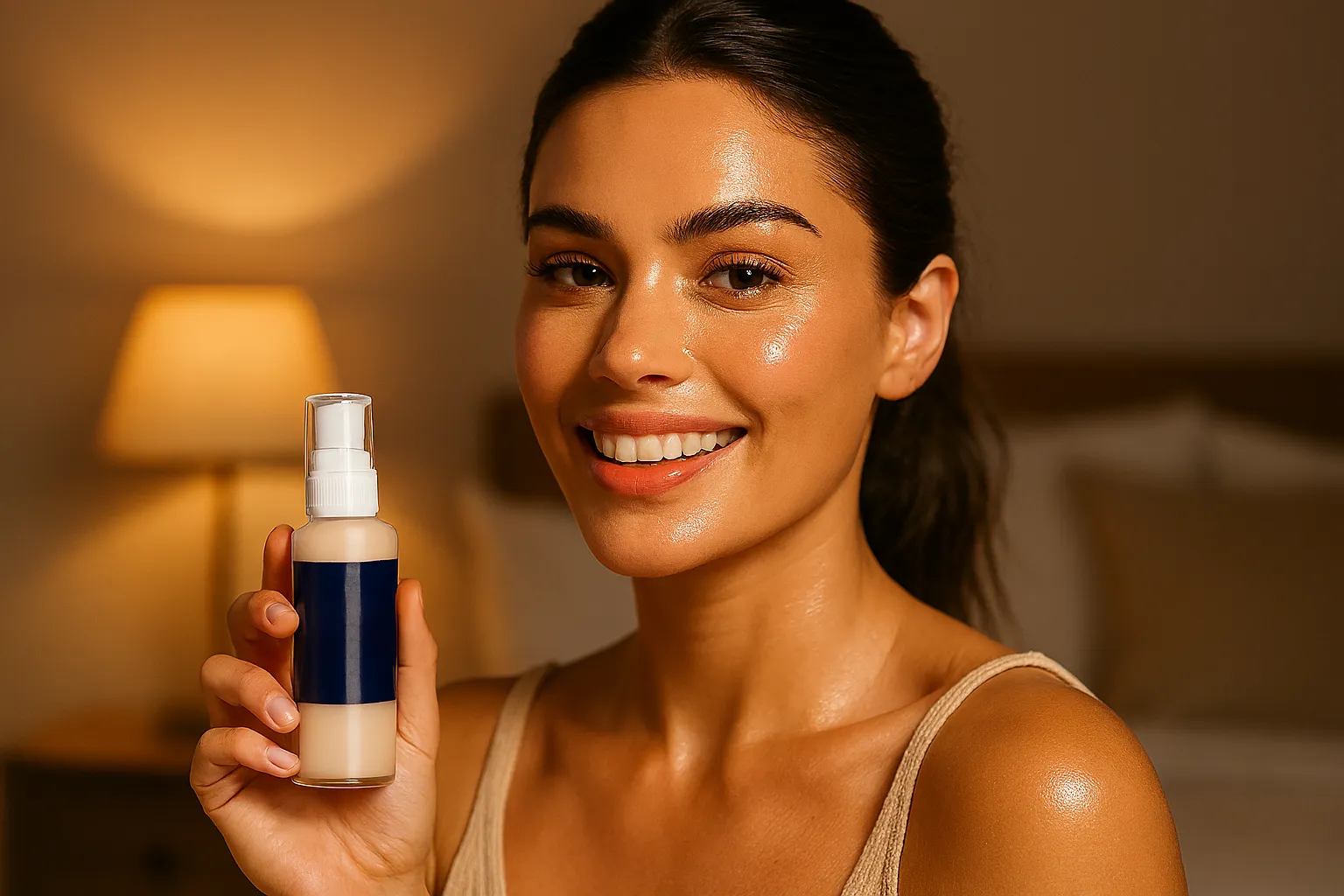 Skincare woman holding night cream bottle