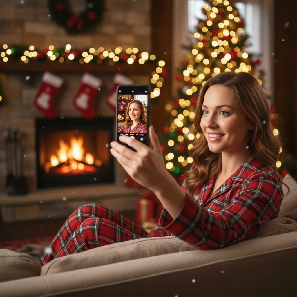 Woman video calling by Christmas tree