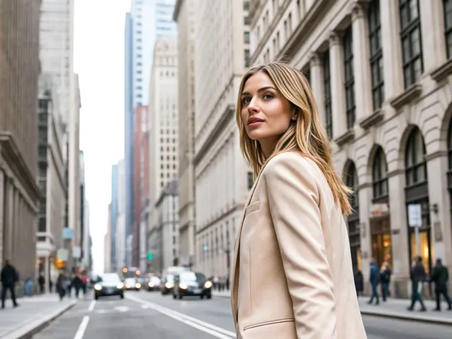 woman walking confidently through a modern city street
