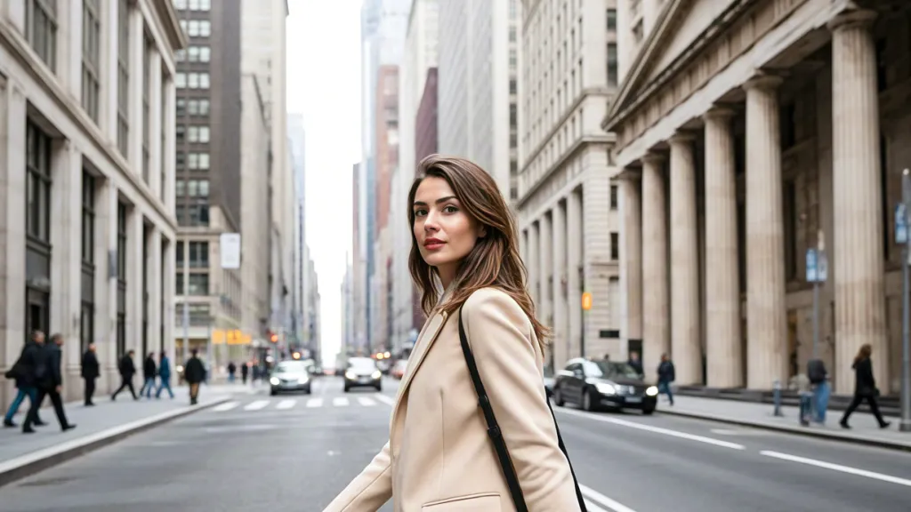 Woman walking confidently in city street at sunset