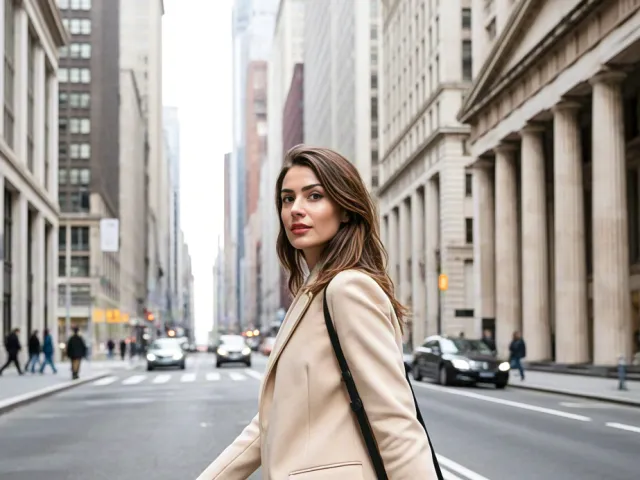 Elegant woman in beige coat walking through urban street with warm evening sunlight.