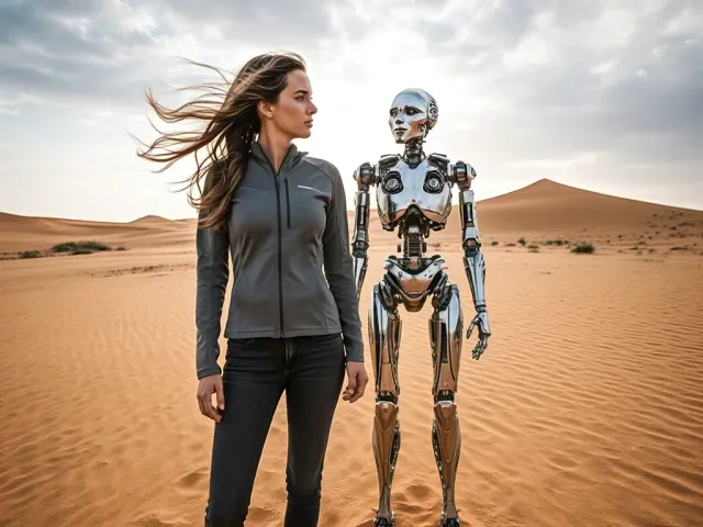 Person and robot together in vast sandy desert
