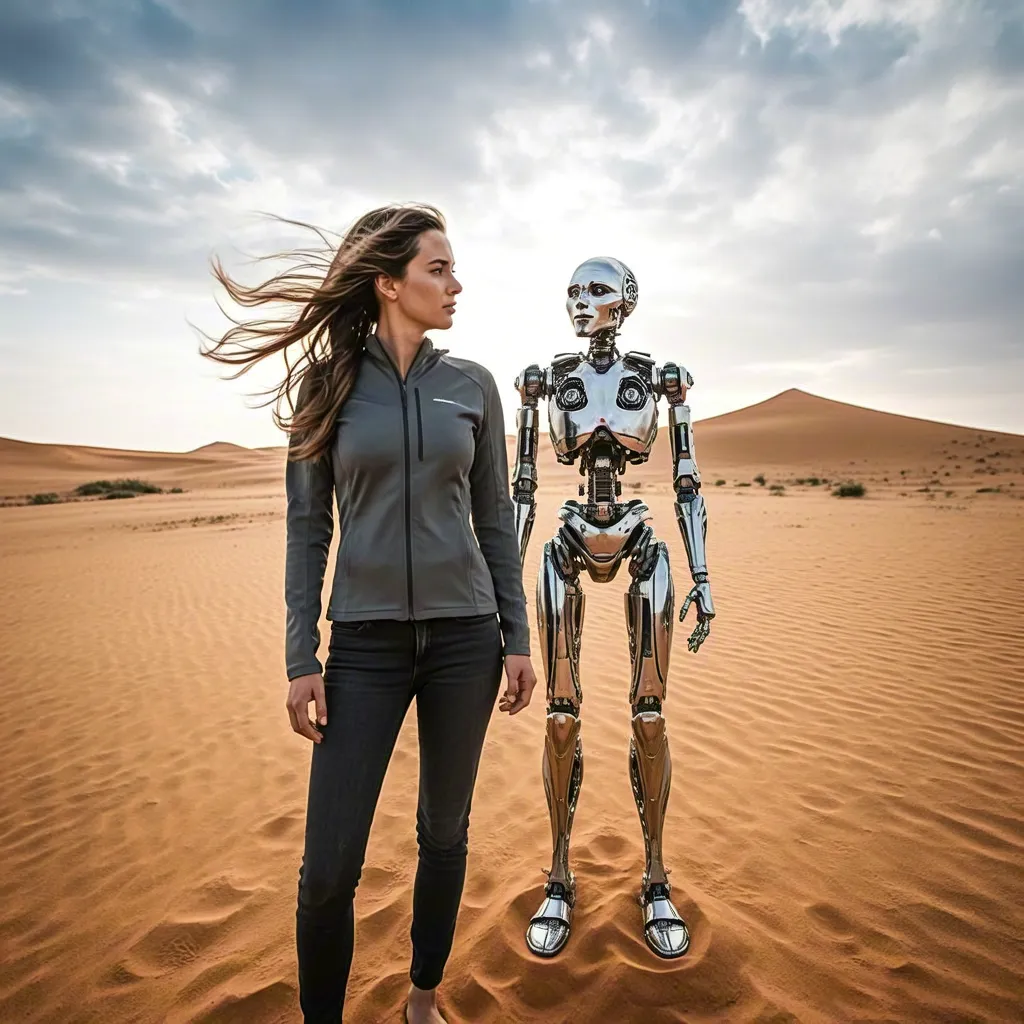 Woman walking in desert with humanoid robot