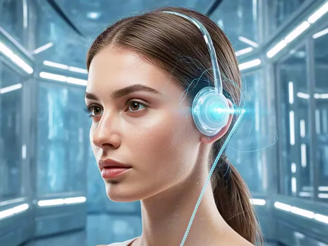 Female character wearing glowing sci-fi headphones