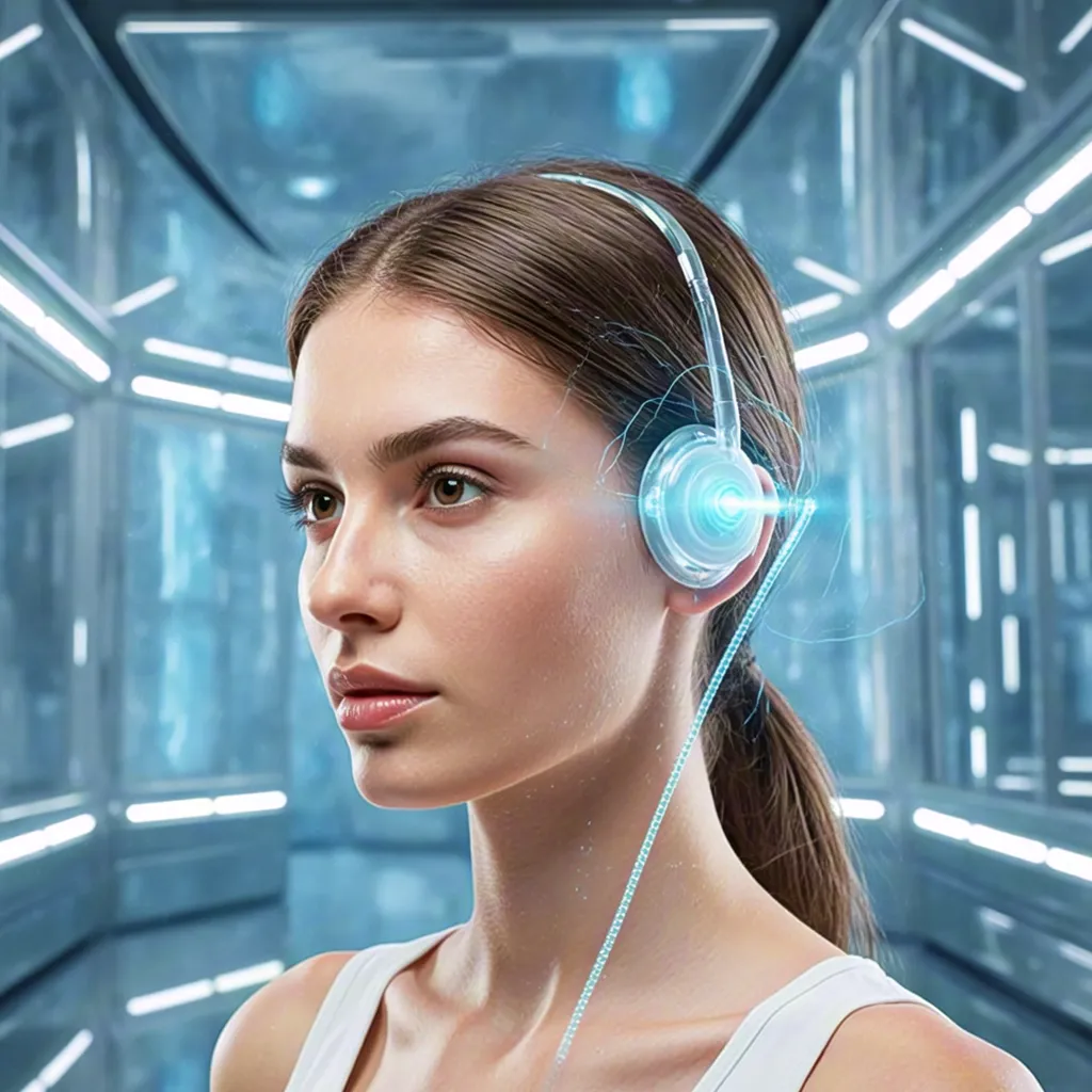 Woman with digital headset in sci-fi tunnel