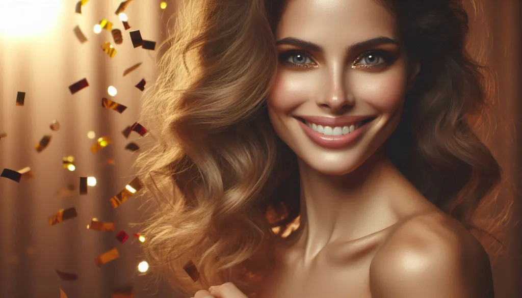 Woman with gold confetti — New Year celebration portrait