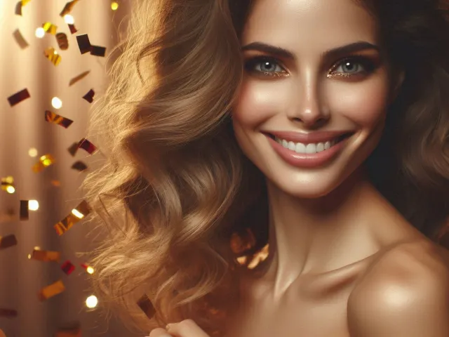 Happy woman smiling as golden confetti falls around her