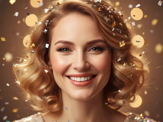 Smiling woman in warm festive lighting with golden bokeh