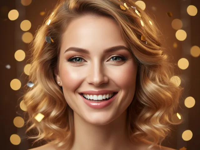Portrait of smiling blonde woman with warm golden bokeh lights