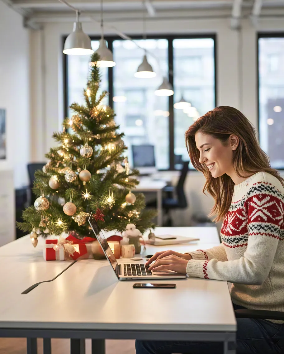 Young woman typing on laptop in a decorated office with Christmas tree