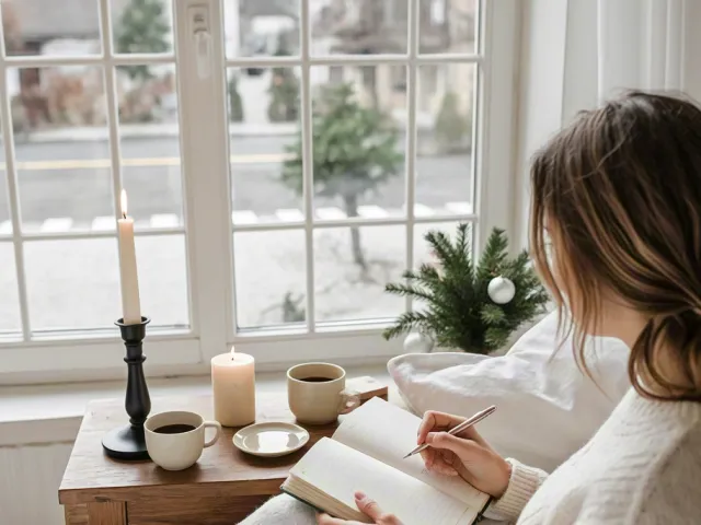 Woman sitting in bed writing in notebook with morning light through window