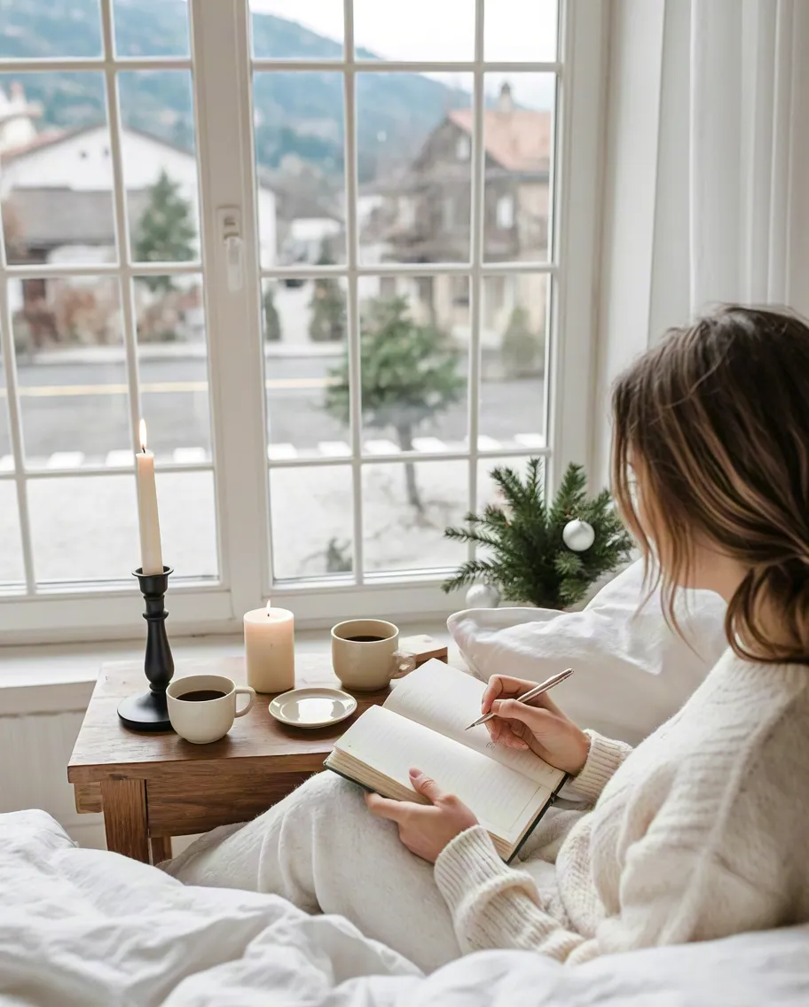 Woman sitting in bed writing in notebook with morning light through window