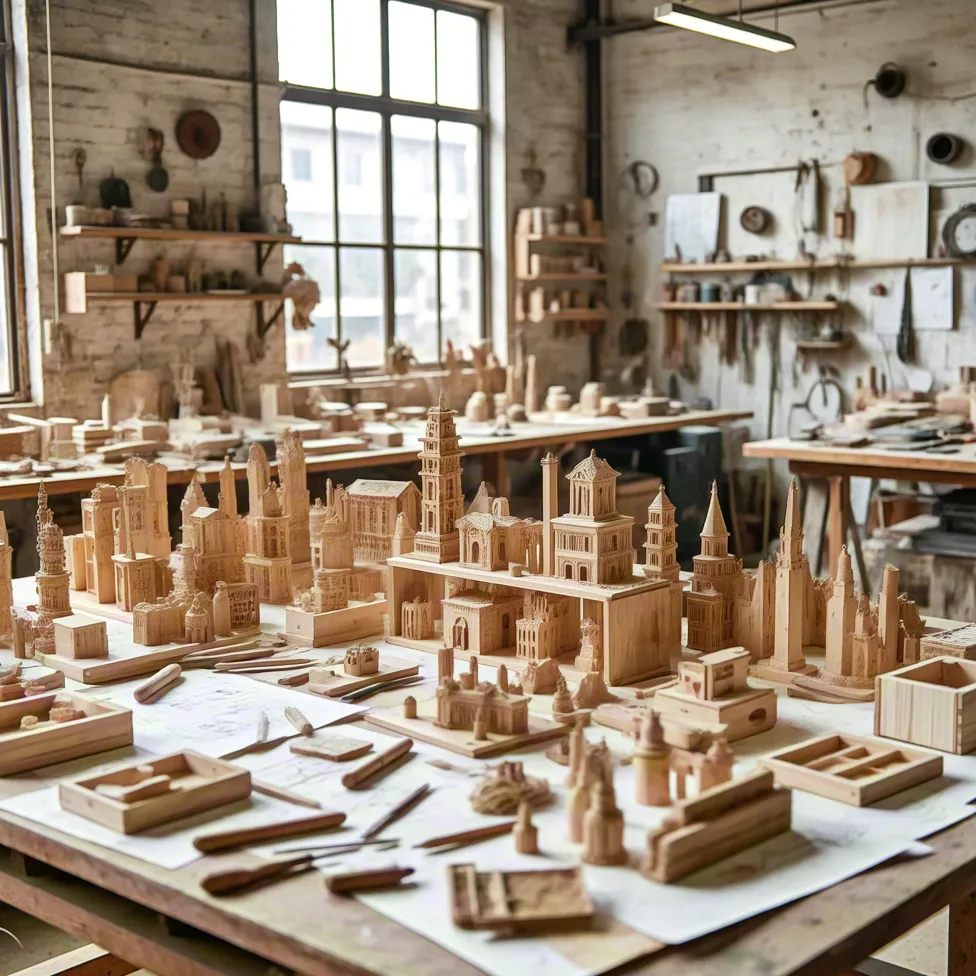 Woodcraft workshop with miniature architectural models – artistic design studio
