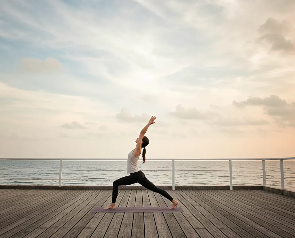 Yoga at sunrise on wooden deck by the sea – peaceful wellness scene
