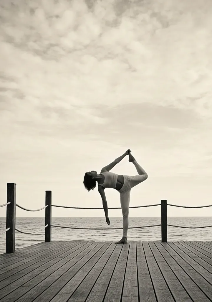 Yoga balance poses at dawn by the sea