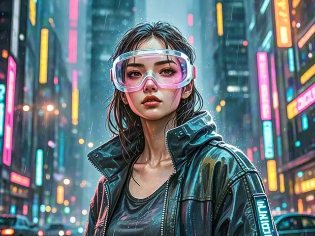 Girl in futuristic neon-lit jacket standing in cyberpunk city