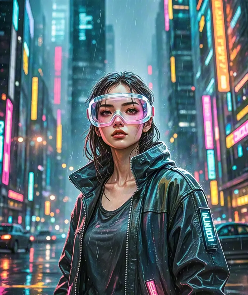 Young woman in neon jacket — cyberpunk portrait