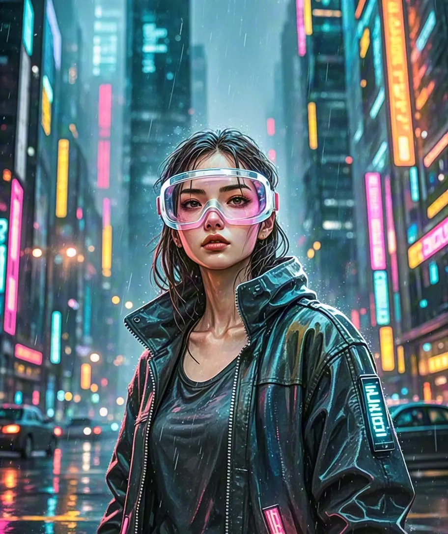 Girl in futuristic neon-lit jacket standing in cyberpunk city