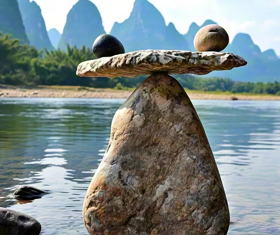 Stacked balancing stones in calm river