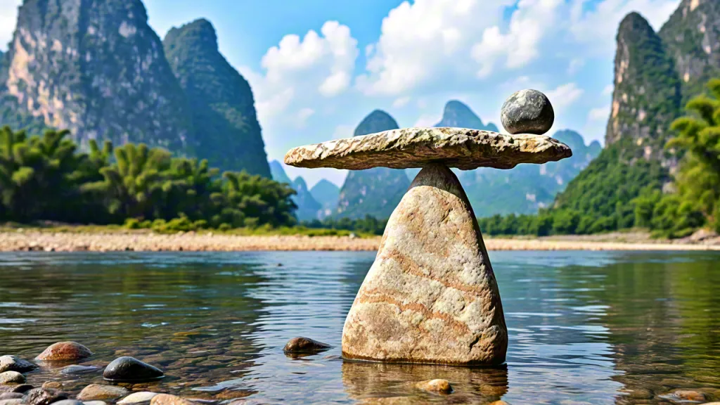 Zen stone balance near river and mountains