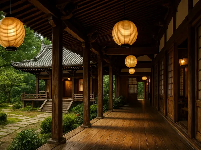 peaceful Japanese wooden walkway with lanterns and garden