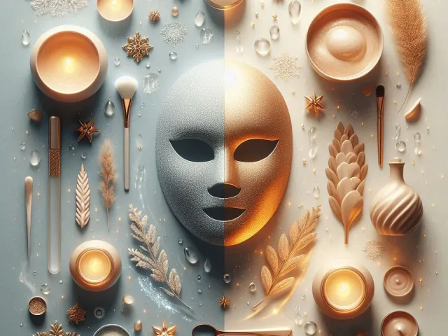 Abstract artwork featuring a mask surrounded by gold and pastel decorative objects.