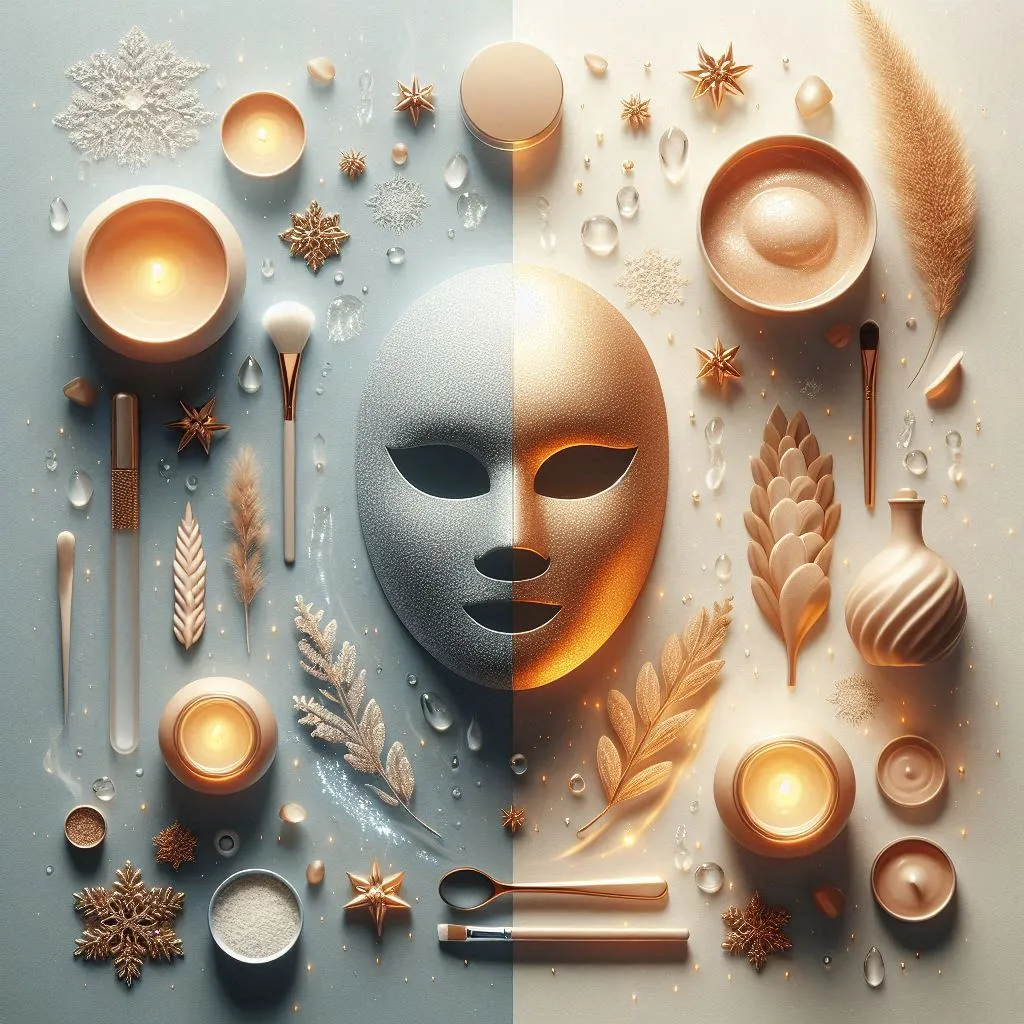 Abstract artwork featuring a mask surrounded by gold and pastel decorative objects.