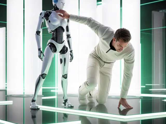 Futuristic robotics testing space with humanoid robot and human operator