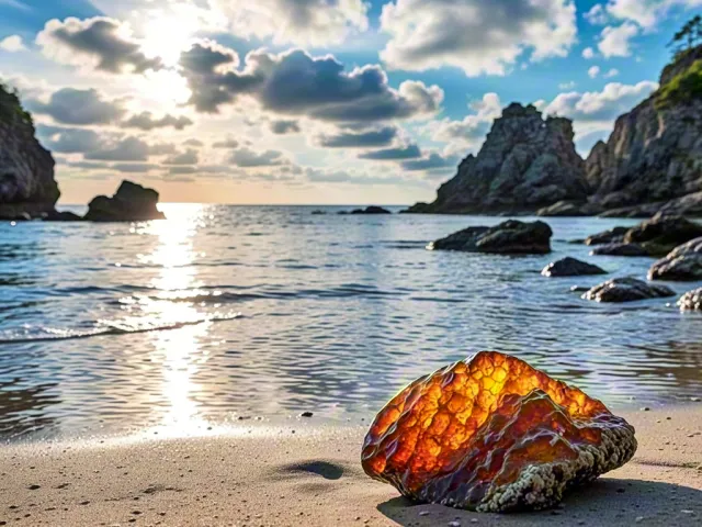 Close-up of amber gemstone resting on beach with ocean waves