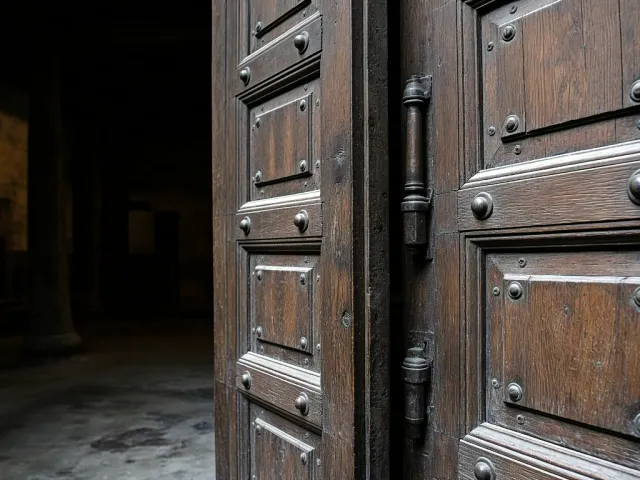 Atmospheric photograph of a large wooden door set inside an old stone hallway.