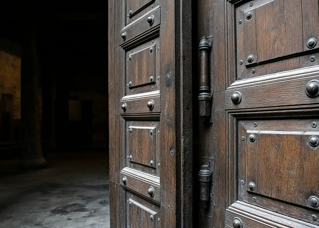 Atmospheric photograph of a large wooden door set inside an old stone hallway.