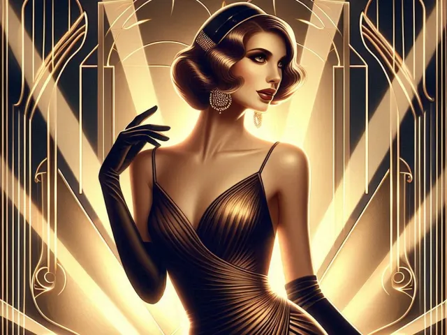 Elegant art deco portrait of a glamorous woman set against geometric golden shapes.