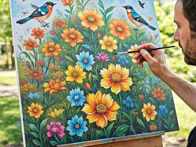 Male painter creating vibrant floral artwork in nature