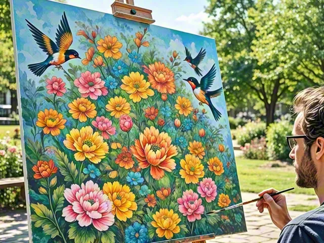 Male painter working on colorful flower painting in garden sunlight