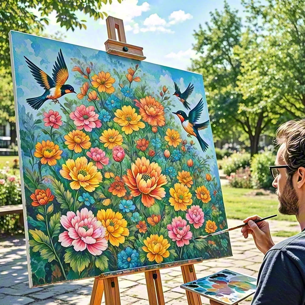 Artist Painting Floral Artwork Outdoors