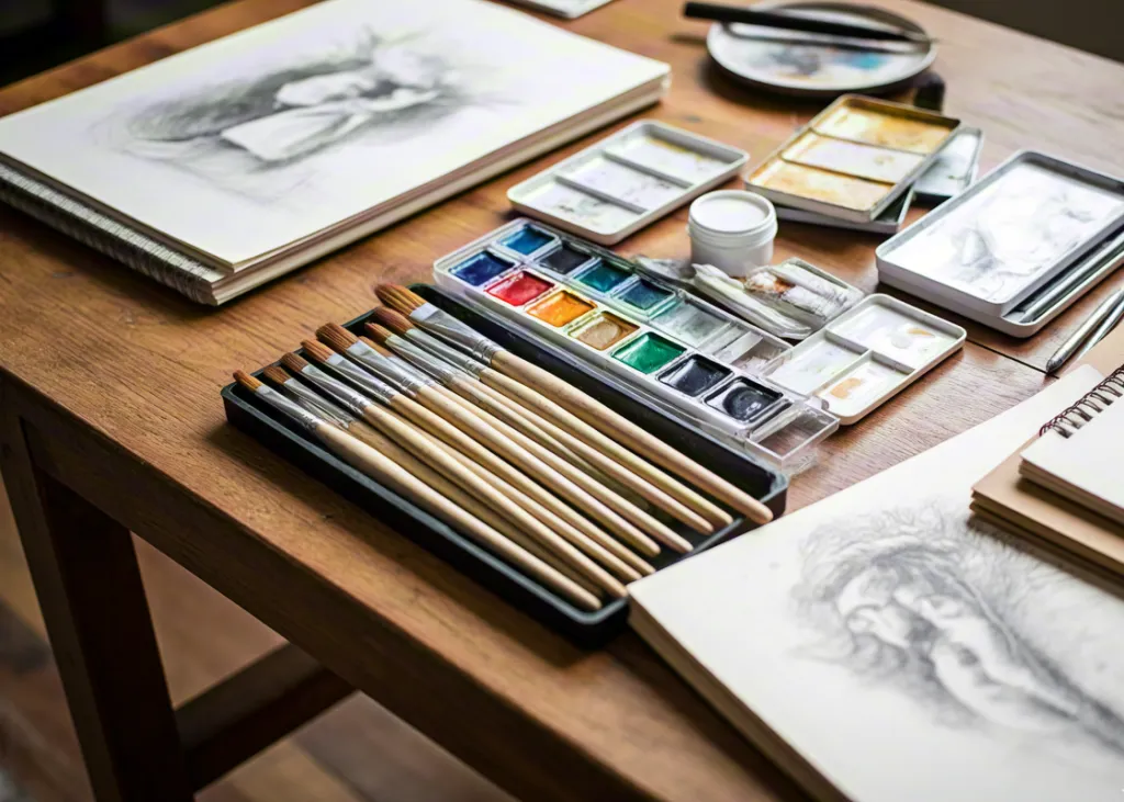 Artist workspace flat lay with drawing tools