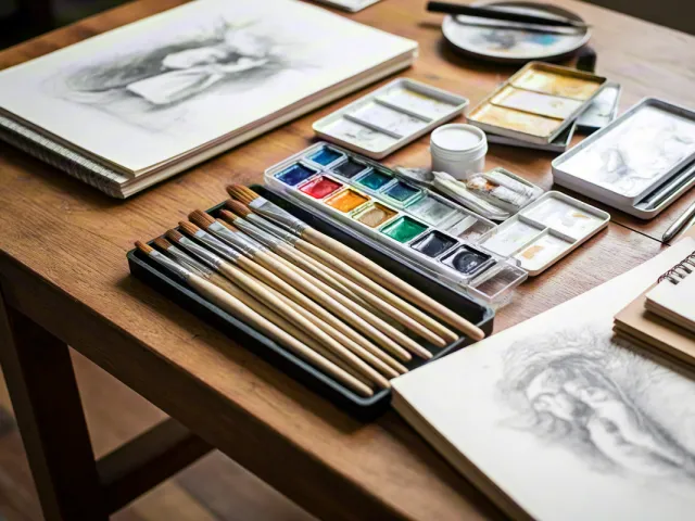 Creative artist workspace with pencils, sketchbook and watercolor tools