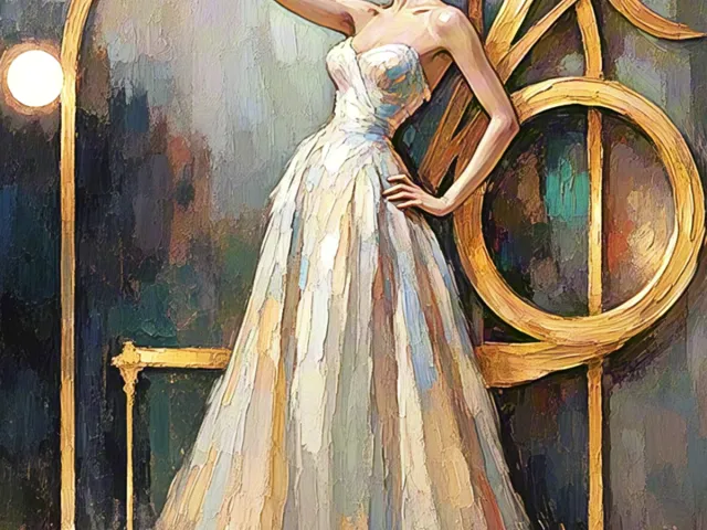 Elegant stylized painting of woman in white dress with decorative golden elements