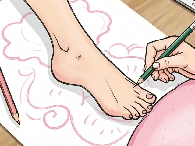 Close-up artistic sketch of a foot during a pedicure, hand drawing on paper.