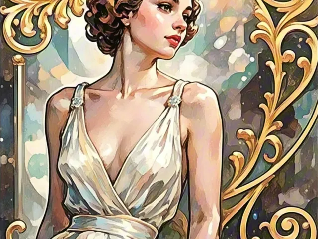 Elegant stylized illustration of woman in flowing white dress surrounded by ornate golden patterns