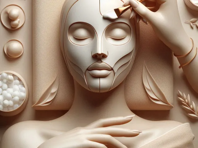 Abstract beauty illustration of sculpted face mask and wellness elements