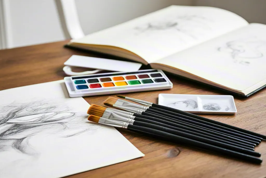 Artistic Workspace with Sketches and Watercolor Tools