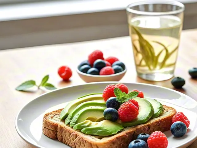Healthy breakfast plate with avocado toast, berries, and a glass of juice