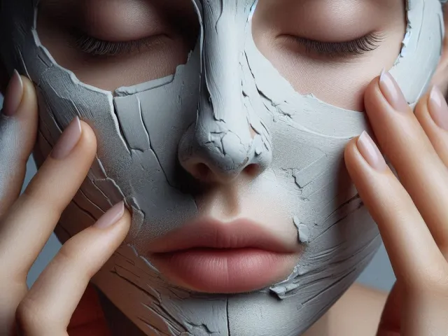 Close-up of woman with gray detox skincare mask on her face