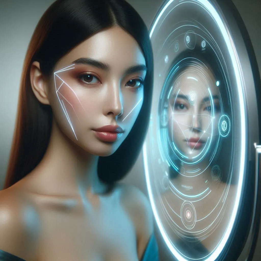 Young woman looking into a glowing futuristic mirror, cyberpunk-inspired beauty portrait with soft neon lighting.