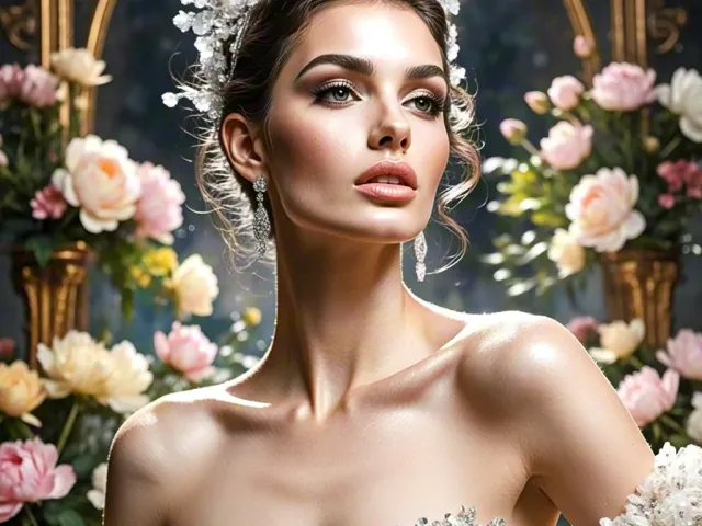 Glamorous bride with glowing skin standing in front of floral backdrop